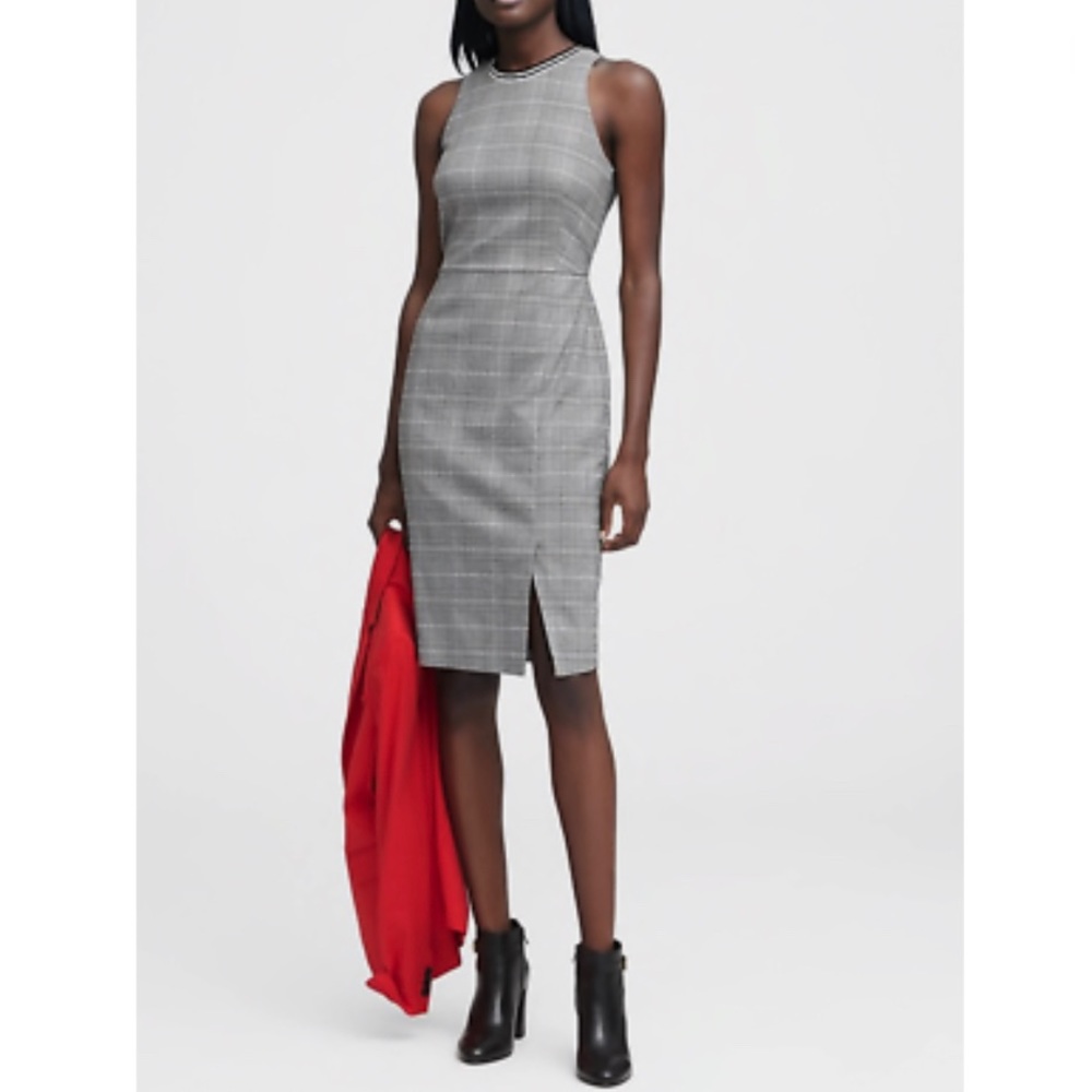 Banana Republic Plaid Bi-Stretch Racer-Neck Sheath Dress
